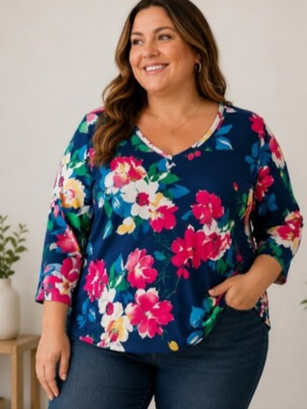 Pioneer Woman Floral V-Neck Top | Women's XXL | Soft Stretch Knit | Vibrant